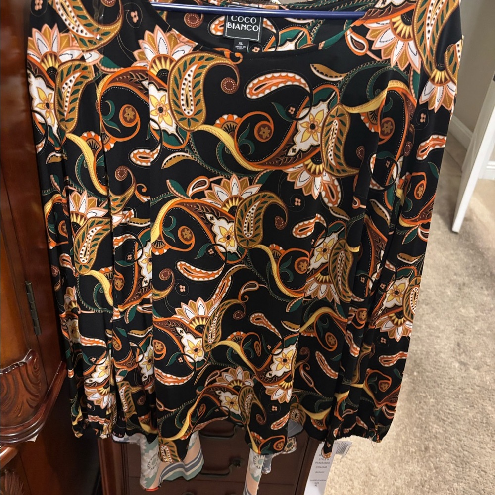 Coco Bianco flowy Black top with Gold & Green Paisley Print